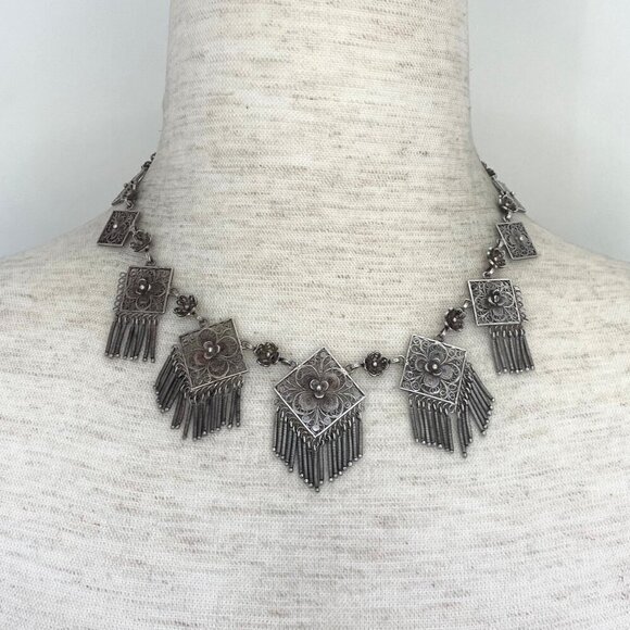 VTG 800 Silver Spun Filigree Etruscan Style Fringe Floral Panel Necklace 15